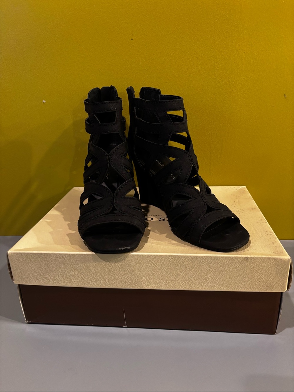 Black Strappy Wedge Sandals - Women's Dress Heels(HH)